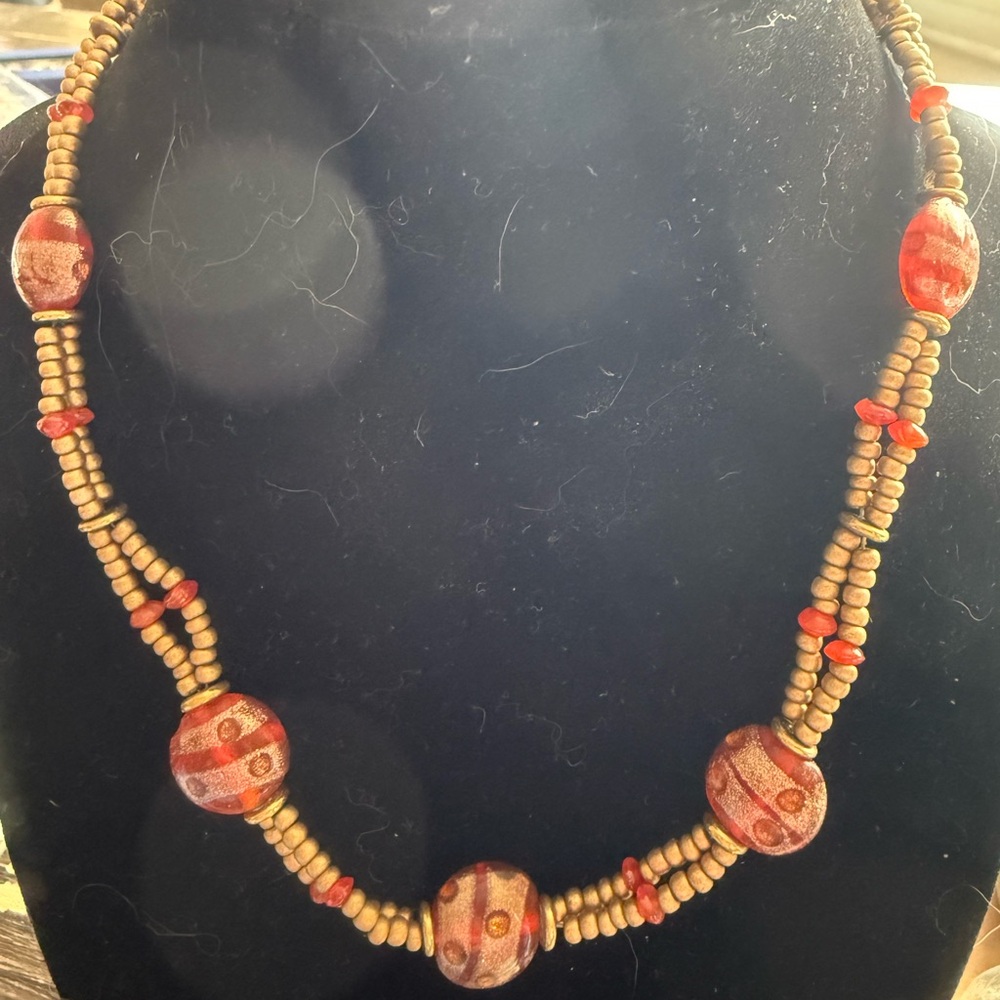 Elegant Beaded Necklace with Burnt Orange Red & Gold Accents